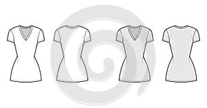 T-shirt dress technical fashion illustration with V-neck, short sleeves, mini length, fitted body, Pencil fullness. Flat