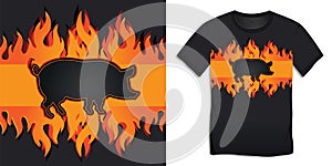T-shirt graphic design black pig of with burning flames and BBQ pork grill