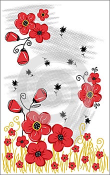 T-shirt graphic design with red flowers on the white background