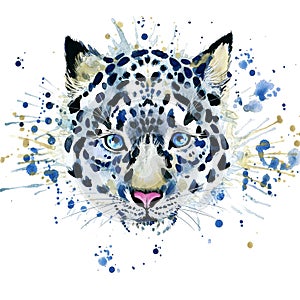 T-shirt graphics/cute snow leopard, illustration watercolor