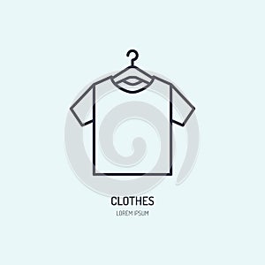 T-shirt on hanger icon, clothing shop line logo. Flat sign for apparel collection. Logotype for laundry, clothes