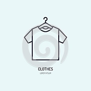 T-shirt on hanger icon, clothing shop line logo. Flat sign for apparel collection. Logotype for laundry, clothes photo