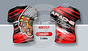 T-shirt for man front and back with Apache team logo. Mock-up for double-sided printing, layered and editable