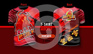 T-shirt for man front and back with Bull on red background. Mock-up for double-sided printing, layered and editable