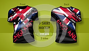T-shirt for man front and back with England flag. Mock-up for double-sided printing