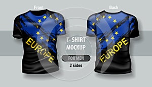 T-shirt for man front and back with Erope Union flag. Mock-up for double-sided printing