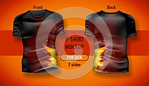 T-shirt for man front and back with Fire flame background. Mock-up for double-sided printing