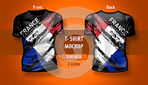 T-shirt for man front and back with France flag. Mock-up for double-sided printing