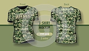 T-shirt for man front and back with Military camouflage pattern. Mock-up for double-sided printing, layered and editable
