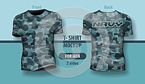 T-shirt for man front and back with Navy camouflage pattern. Mock-up for double-sided printing, layered and editable