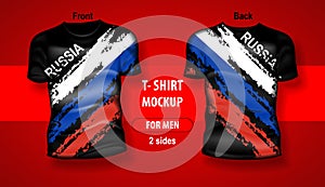 T-shirt for man front and back with Russian flag. Mock-up for double-sided printing