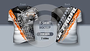 T-shirt for man front and back with SUV off-road club logo. Mock-up for double-sided printing