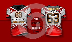 T-shirt for man front and back with team sports uniform. Mock-up for double-sided printing, layered and editable