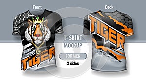 T-shirt for man front and back with Tiger head on abstract background. Mock-up for double-sided printing