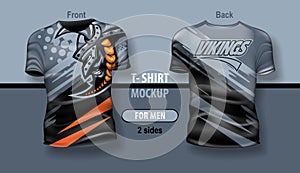 T-shirt for man front and back with Viking team logo on dynamic background. Mock-up for double-sided printing, layered and