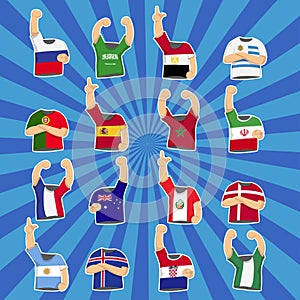 T_shirt for many country on bright colour background,soccer 2018