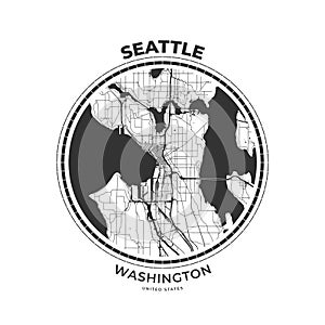 T-shirt map badge of Seattle, Washington
