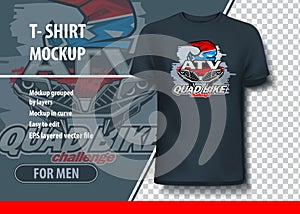 T-shirt mock-up template with Quad bike challenge logo. Editable vector layout