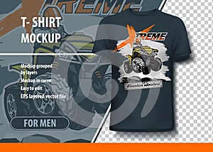 T-shirt mock-up template with Quadbike extreme adventure. Editable vector layout