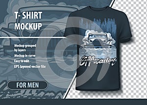 T-shirt mock-up template with SUV passing impassable obstacles. Editable vector layout
