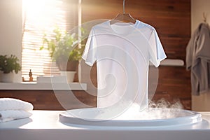 T-shirt mockup. Blank template white Tee in laundry background. Summer t shirt canvas copy space. Fabric front view. Bleach for