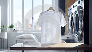 T-shirt mockup. Blank template white Tee in laundry background. Summer t shirt canvas copy space. Fabric front view. Bleach for