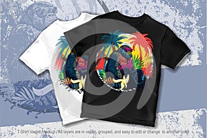 T-shirt mockup with a gorilla in glasses on an exotic island in two colors on a gray background. Print proposal