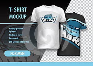 T-Shirt Mockup with Sharks phrase in two colors. Mockup layered and editable.