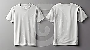 T-shirt mockup. White blank t-shirt front and back views on light grey background, blank t shirt,