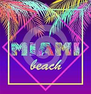 T-shirt neon violet print with colorful Miami beach lettering and coconut palm leaves