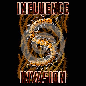T-shirt or poster illustration. Centipede against the background of swarming insects.