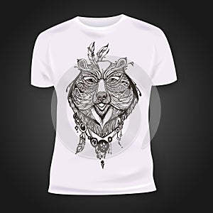 T-shirt print design with hand-drawn mehendi bear head. Ethnic african, indian, totem tatoo design.