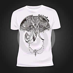 T-shirt print design with hand-drawn mehendi elephant head. Ethnic african, indian, totem tatoo design.