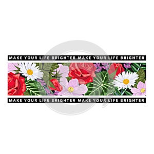 T-shirt print with flowers and black ribbons with a slogan Make your life brighter.