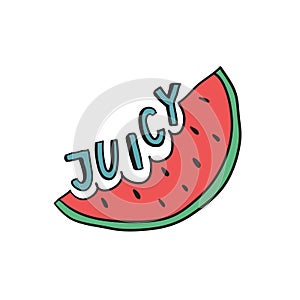 T-shirt print. A piece of watermelon with the inscription juicy.