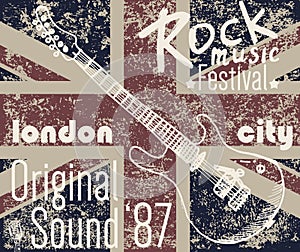 T-shirt Printing design, typography graphics, London Rock festival vector illustration with grunge flag and hand drawn sketch gu