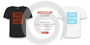 T-shirt realistic mockup in white and black color. 3d template of tee shirt with short sleeve. Basic editable mockup in front view