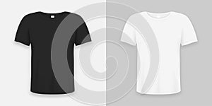 T-shirt realistic mockup in white and black color. 3d template of tee shirts set with short sleeve. Basic editable mockup. Vector photo