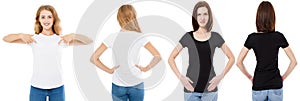 T-shirt set. Front and back view Brunette and Blonde in white and black t shirt isolated. Two girl in blank shirt, Mock up,