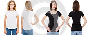 T-shirt set. Front and back view Brunette and Blonde in white and black t shirt isolated. Two girl in blank shirt, Mock up