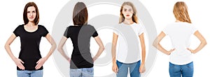 T-shirt set. Front and back view Brunette and Blonde in white and black t shirt isolated. Two girl in blank shirt, Mock up,