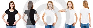 T-shirt set. Front and back view Brunette and Blonde in white and black t shirt isolated. Two girl in blank shirt, Mock up,