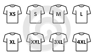 T-shirt Size Icon Set. Clothing Size Label or Tag Pictogram. Man or woman Shirt. Size From XS to 4XL. Vector Isolated