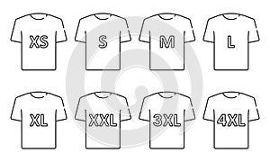 T-shirt Size Icon Set. Man or woman Shirt. Clothing Size Label or Tag Pictogram. Size From XS to 4XL. Editable Stroke