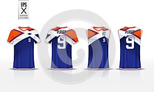 T-shirt sport design template for soccer jersey, football kit and tank top for basketball jersey. Uniform in front and back view.