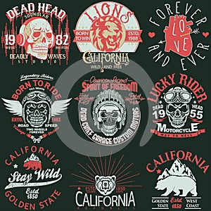 T-shirt stamp graphic set, California Sport wear typography emblem set. vector