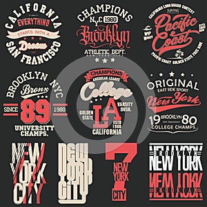 T-shirt stamp graphic set. Sport wear typography emblem