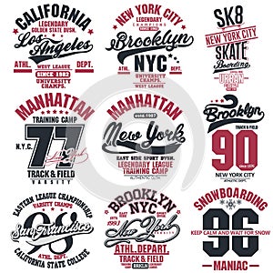 T-shirt stamp graphic set. Sport wear typography emblem photo