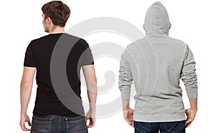 T shirt and sweatshirt template. Men in black tshirt and in grey hoody. Back rear view. Mock up isolated on white background. Copy