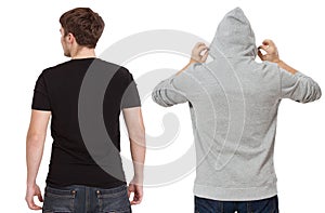 T shirt and sweatshirt template. Men in black tshirt and in grey hoody. Back rear view. Mock up isolated on white background. Copy